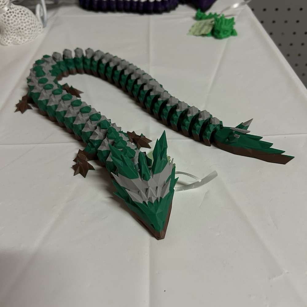 3D Printed ‎ Articulated Dragon Green Silver Fidget Toys Home Office Decor 24 "